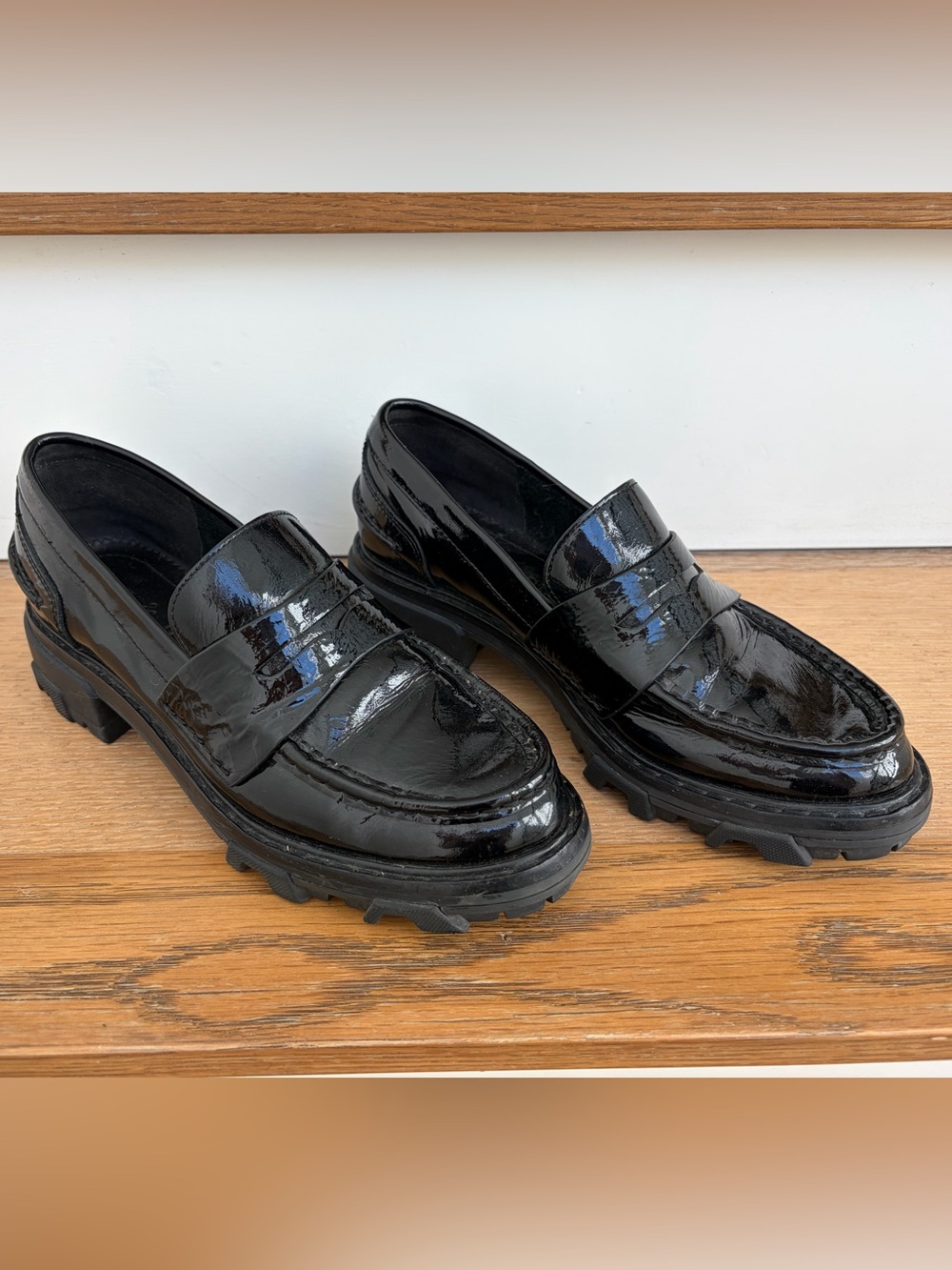 rag & bone Quinn Platform Penny Loafers Black Patent Leather Size 39 / 9